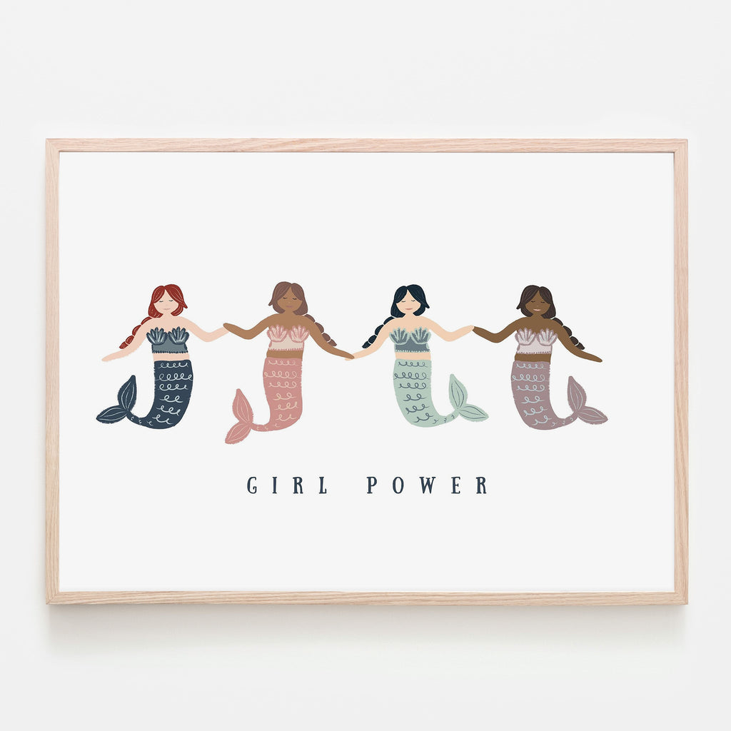 girl power mermaids art print. 4 diverse mermaids holding hands