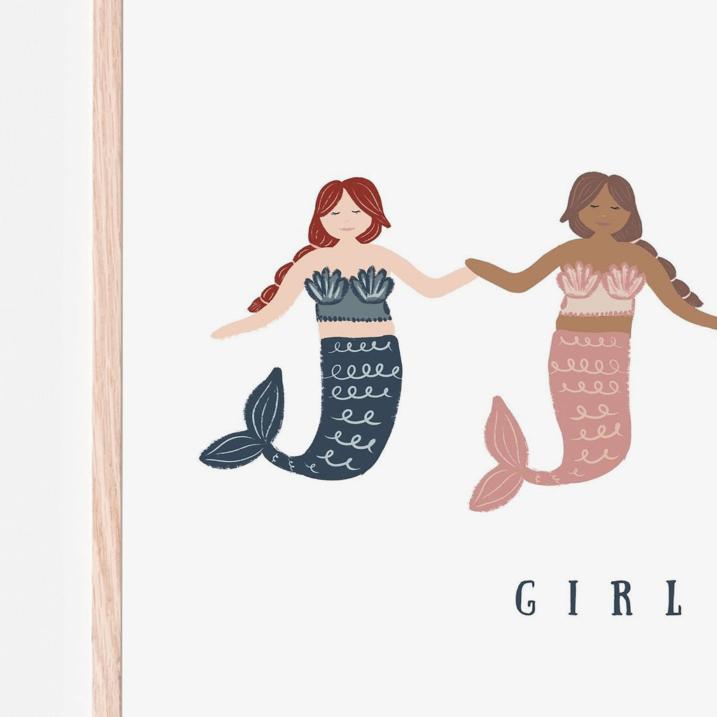 Diverse mermaids holding hands with the quote girl Power.  Mermaid art print for baby girl nursery room, girl bedroom or playroom 