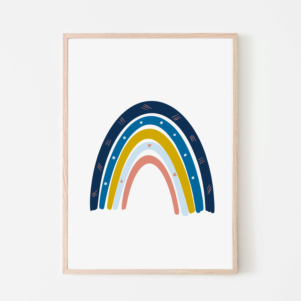 Simple and modern blue rainbow art print on a white background. This print is framed and is designed to hang in a nursery, playroom, kids' bedroom, classroom, daycare, or living room. This print is a great gift idea. Gift for a new mom. Gift for the holiday. 