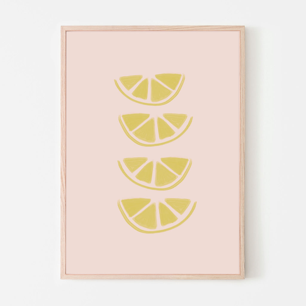 Four half lemon slices with a soft pink background. Art print for baby girl nursery room, bedroom or playroom