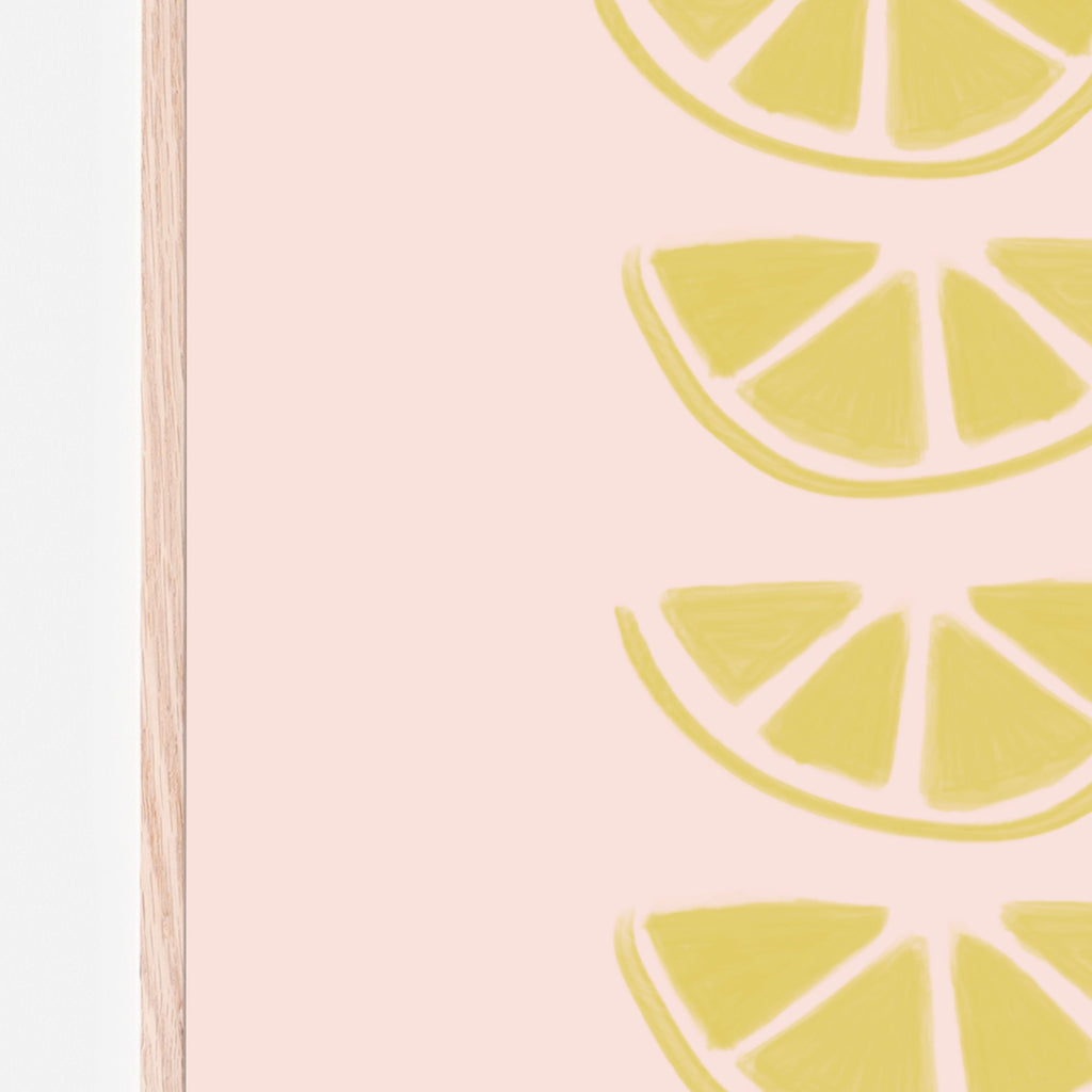 Set of three citrus theme prints for nursery; first print three leafy lemons with pink background, second print lemon blossom flowers with pink background, third print lemon slices with pink background; citus theme nursery, baby boy, baby girl, playroom, kids room