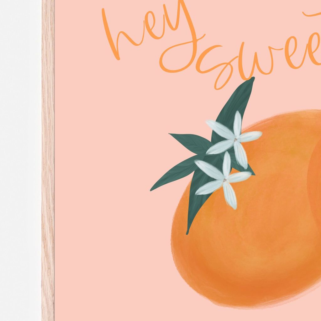 Hey sweet cheeks print with writing and two large oranges and orange blossoms with peach background- baby shower gift, nursery, girls nursery, citrus theme, playroom, kids bedroom