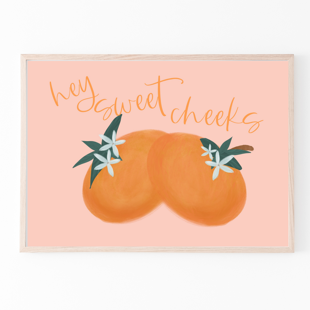 Hey sweet cheeks print with writing and two large oranges and orange blossoms with peach background- baby shower gift, nursery, girls nursery, citrus theme, playroom, kids bedroom