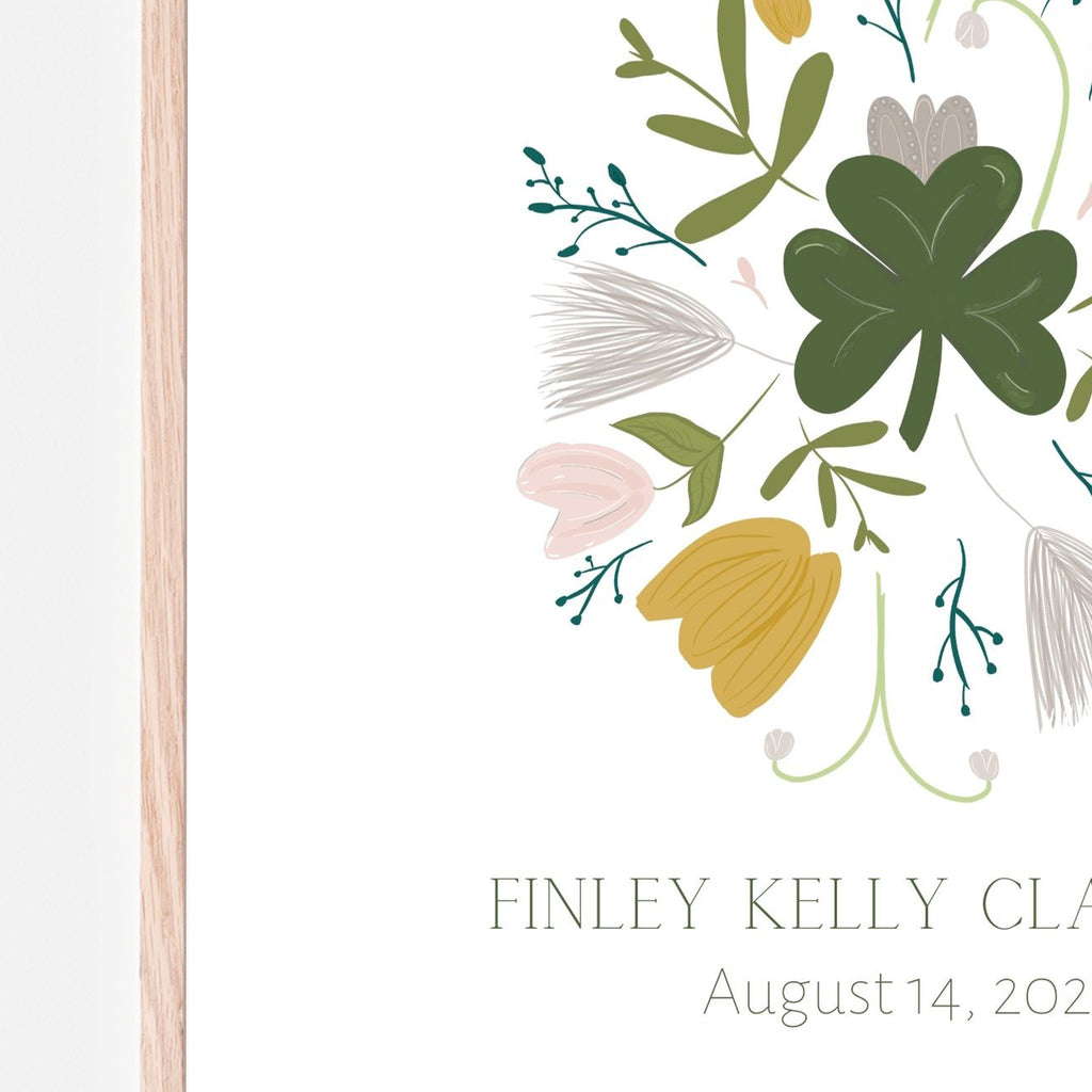Irish blooms baby name sign for nursery room. New mom gift idea. Irish baby name with birthday sign. Clover. Shamrock.