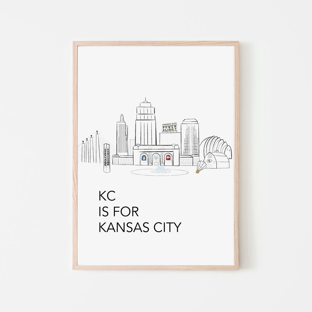 KC is for Kansas City Art Print in black and white for a baby nursery room, a childs bedroom or kids playroom.  Kansas City Skyline Gift Idea