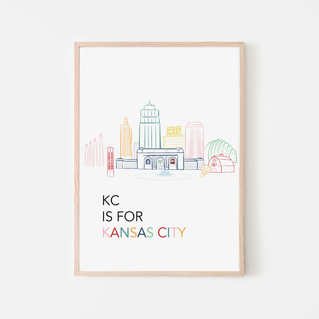 KC is for Kansas City Art Print in Rainbow color for a baby nursery room, a childs bedroom or kids playroom.  Kansas City Skyline Gift Idea