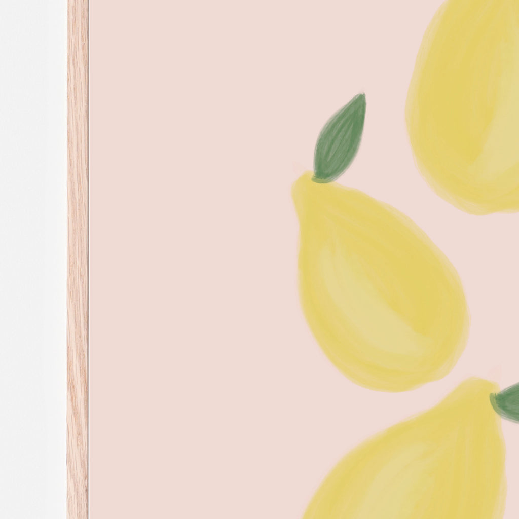 Three whole citrus lemons with green leaves and a soft pink background. Art print for baby girl nursery room, bedroom or playroom