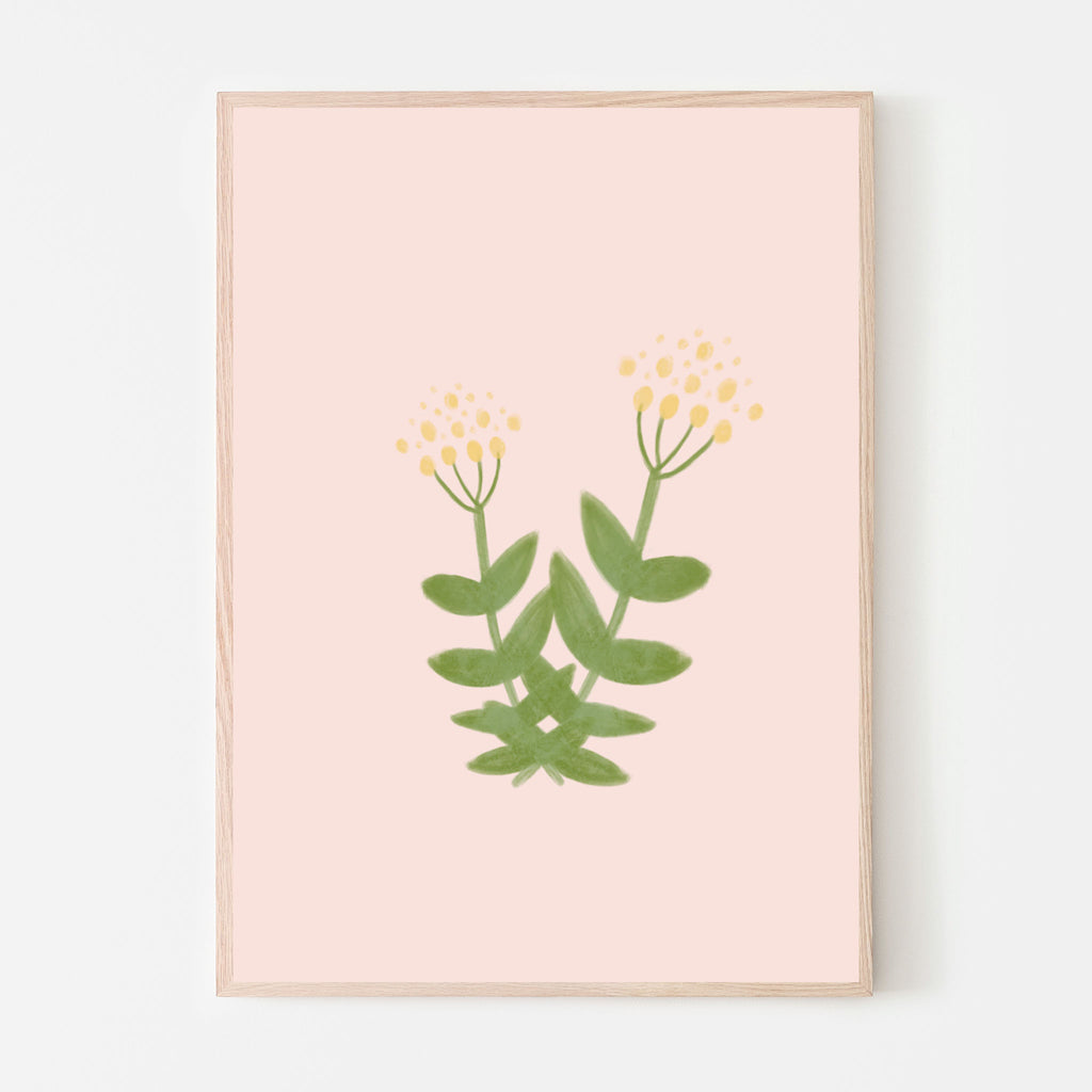 yellow and green flowers with a soft pink background. Art print for baby girl nursery room, bedroom or playroom