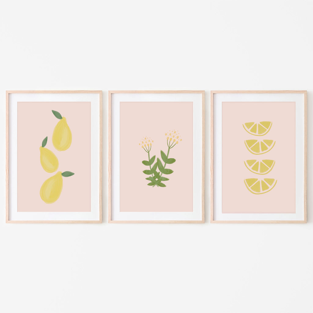 Set of three citrus theme prints for nursery; first print three leafy lemons with pink background, second print lemon blossom flowers with pink background, third print lemon slices with pink background; citus theme nursery, baby boy, baby girl, playroom, kids room