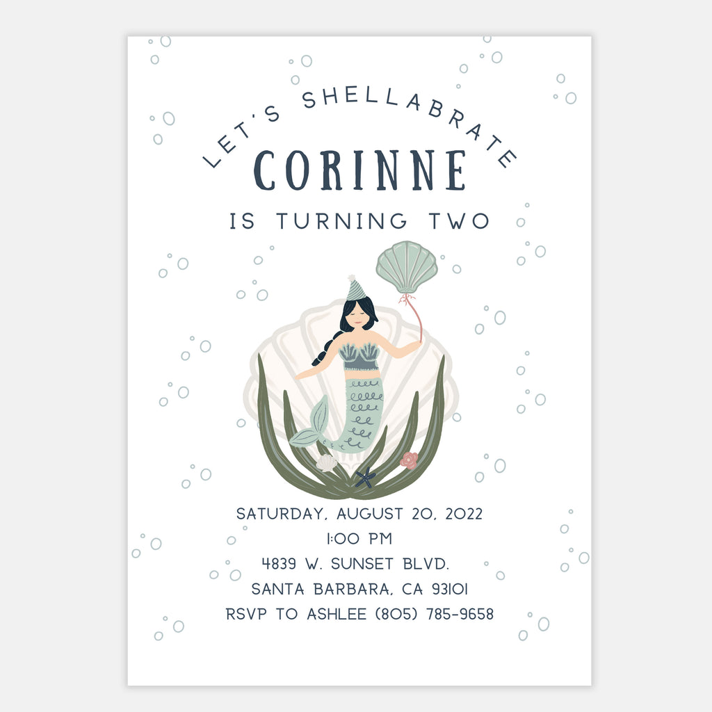 Let's shellabrate mermaid birthday party invitation with an asian mermaid in a party hat with a seashell balloon and bubble background. Mermaid birthday party invitation