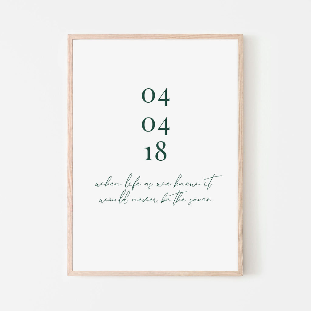 Date of child's birth. Day, Month and year followed by 'when life as we knew it would never be the same'. White background and colored print. Personalized art print made for nursery, playroom, bedroom or child bedroom. Gift idea.