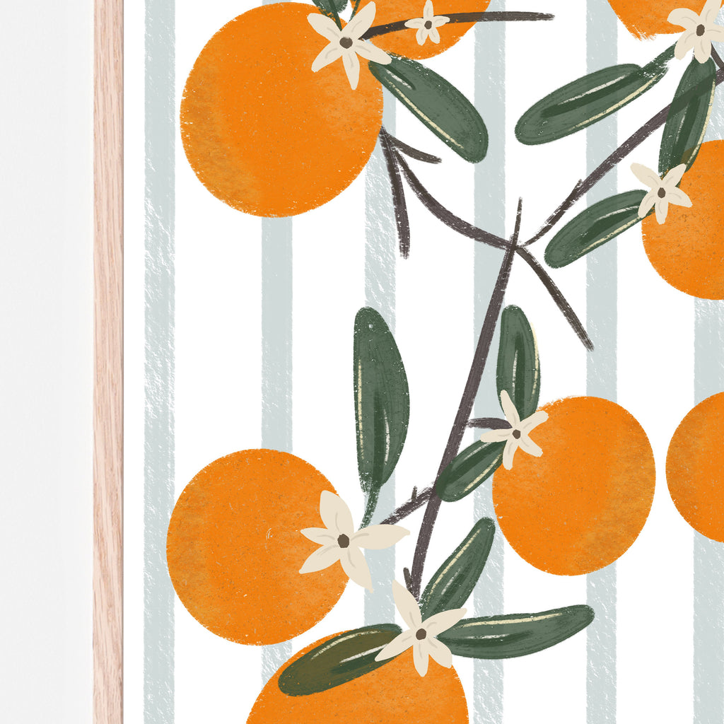 Citrus oranges art print with soft blue and white stripes background and clementine flowers. art print for baby nursery room, kids bedroom and playroom 