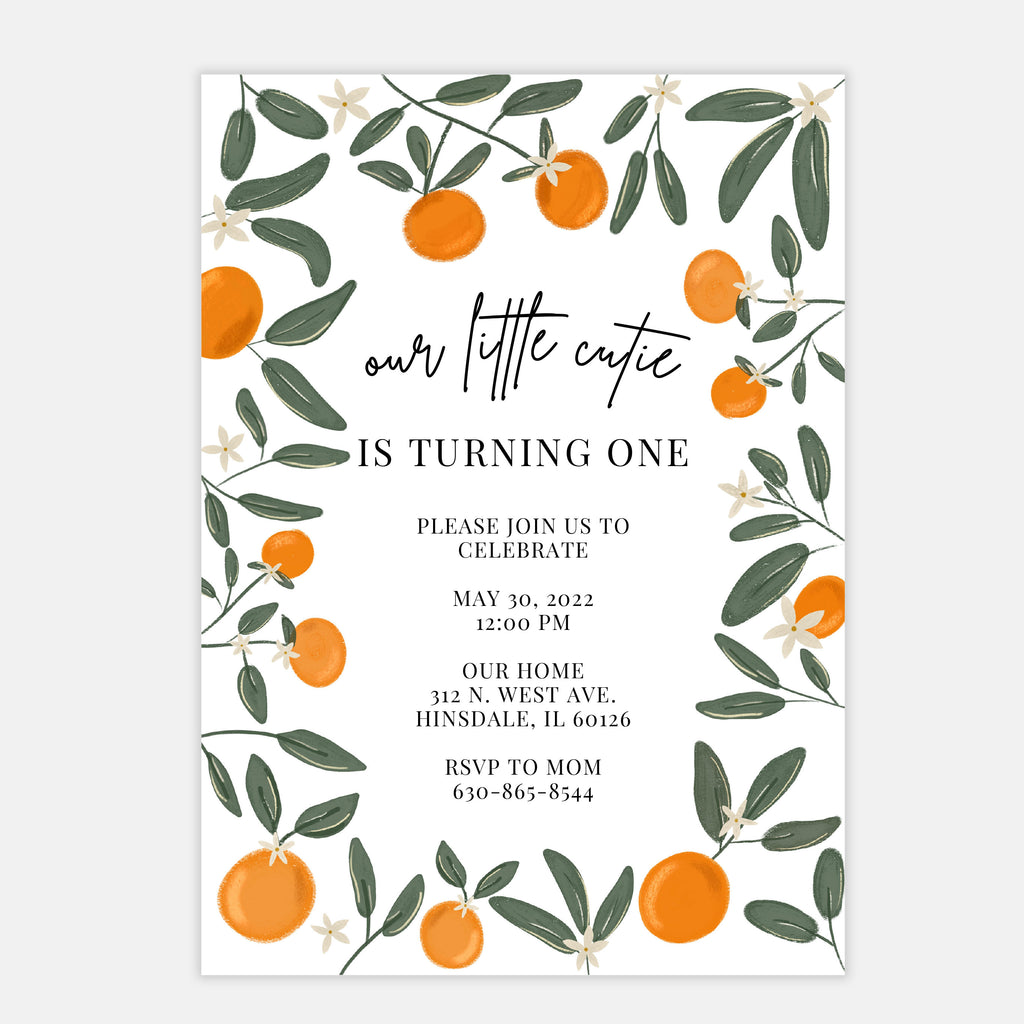 our little cutie is turning one birthday invitation. Clementine theme kids birthday party theme.
