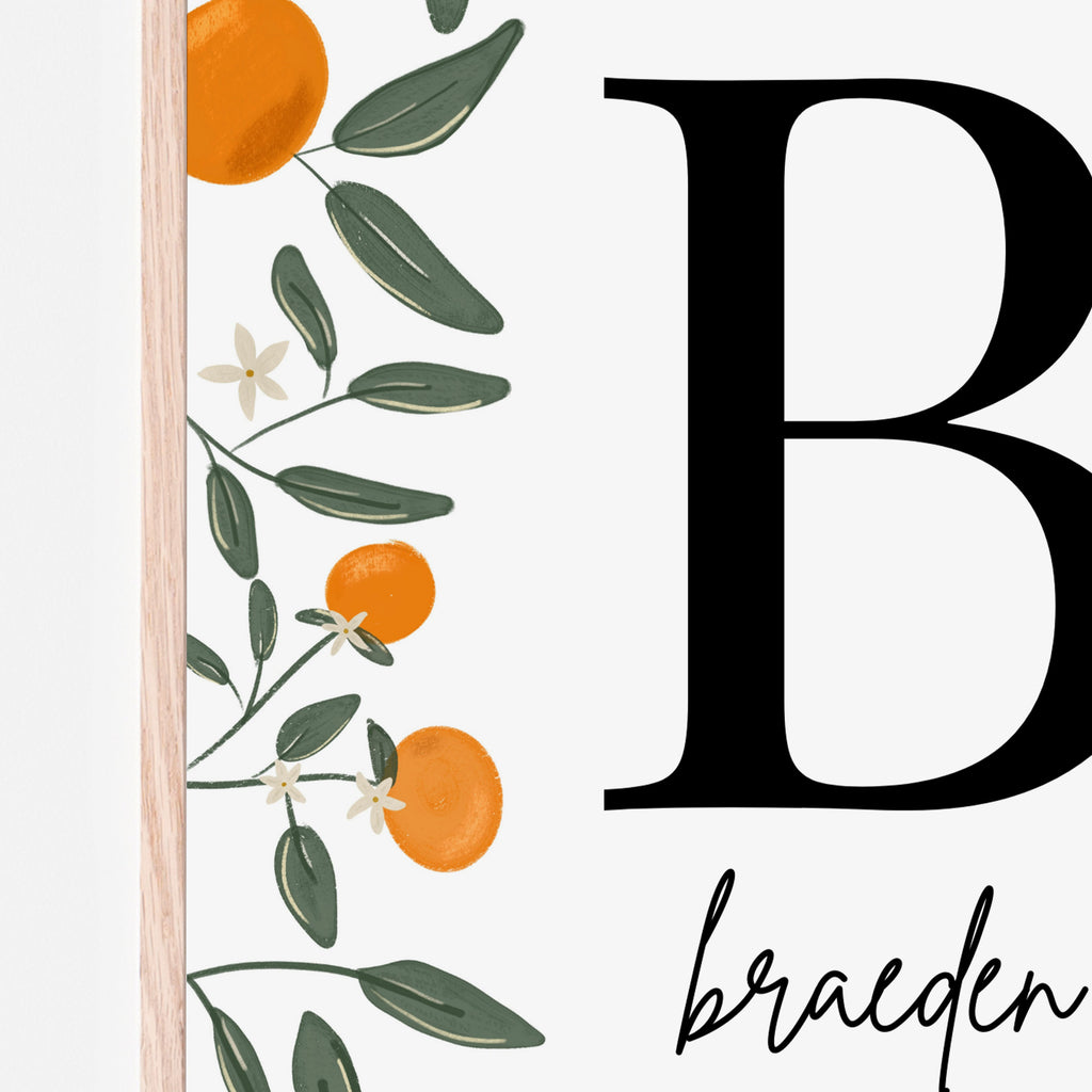 Little cutie name sign with a bold black letter and cursive first name with surrounding clementine oranges, leaves and orange blooms with a white background. 