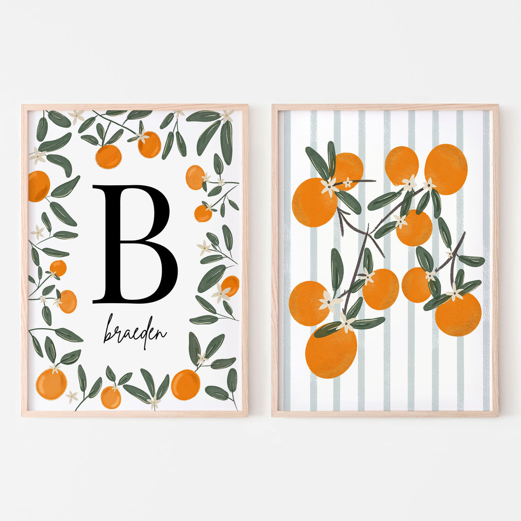 Little cutie name sign and clementine oranges with blue and white striped background. set of 2 art prints for baby nursery room, kids bedroom and playroom 