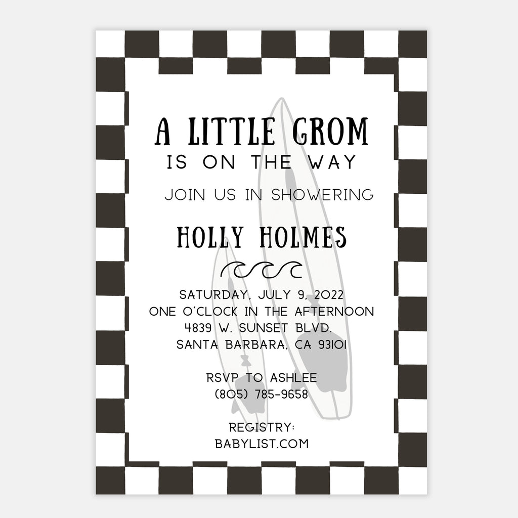 A Little Grom is on The Way Baby Shower invitation. available in colorful checkers and black and white checkered border. surf theme baby shower, baby boy, baby girl