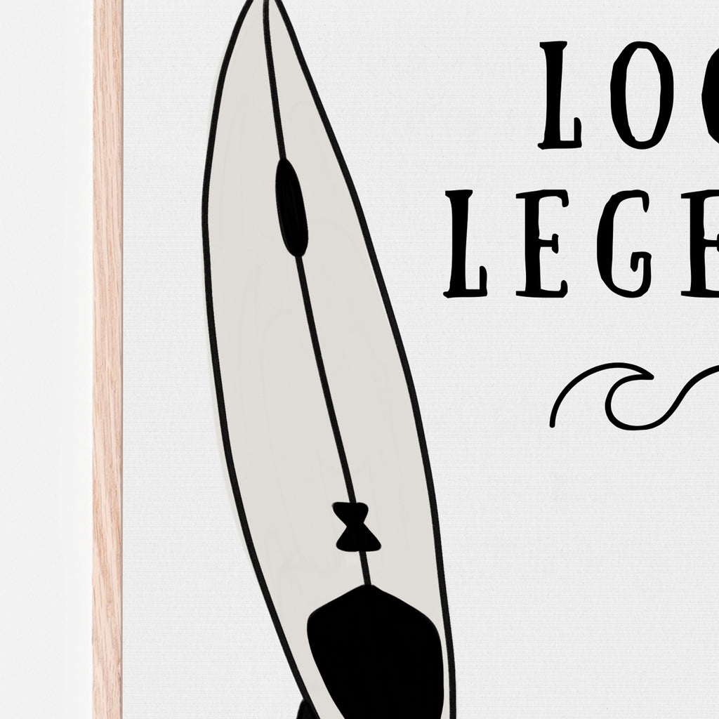 Local Legend inspirational art print with shortboard and waves. art for surf theme baby room, nursery room, kids bedroom or playroom