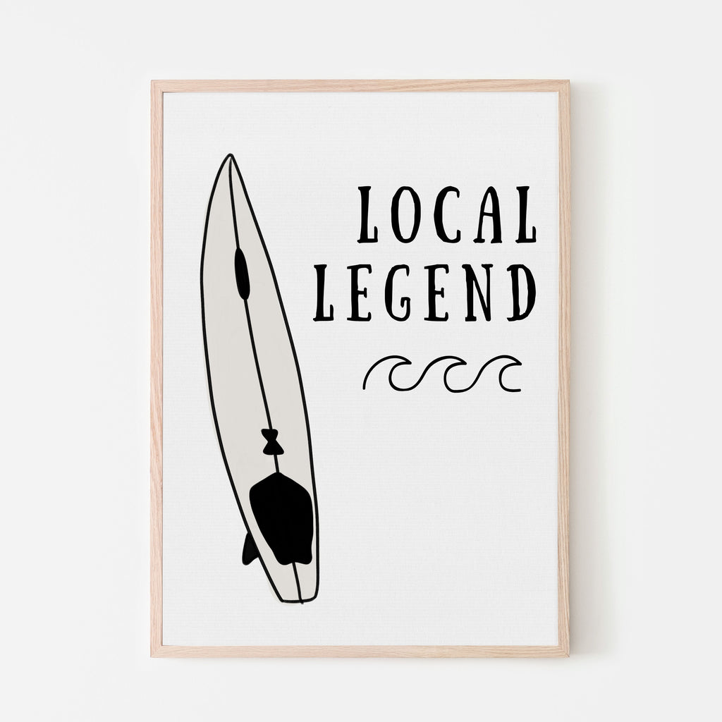 Local Legend inspirational art print with shortboard and waves. art for surf theme baby room, nursery room, kids bedroom or playroom