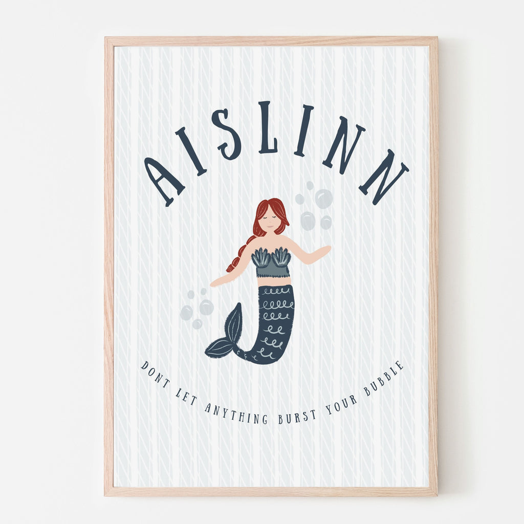 personalized name sign with white mermaid with red hair and bubbles with qupte dont let anything burst your bubble 