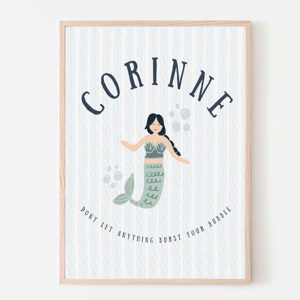 Personalized name sign with an illustration of an asian mermaid and quote saying dont let anything burst your bubble. Art print for girl nursery room, bedroom or playroom 