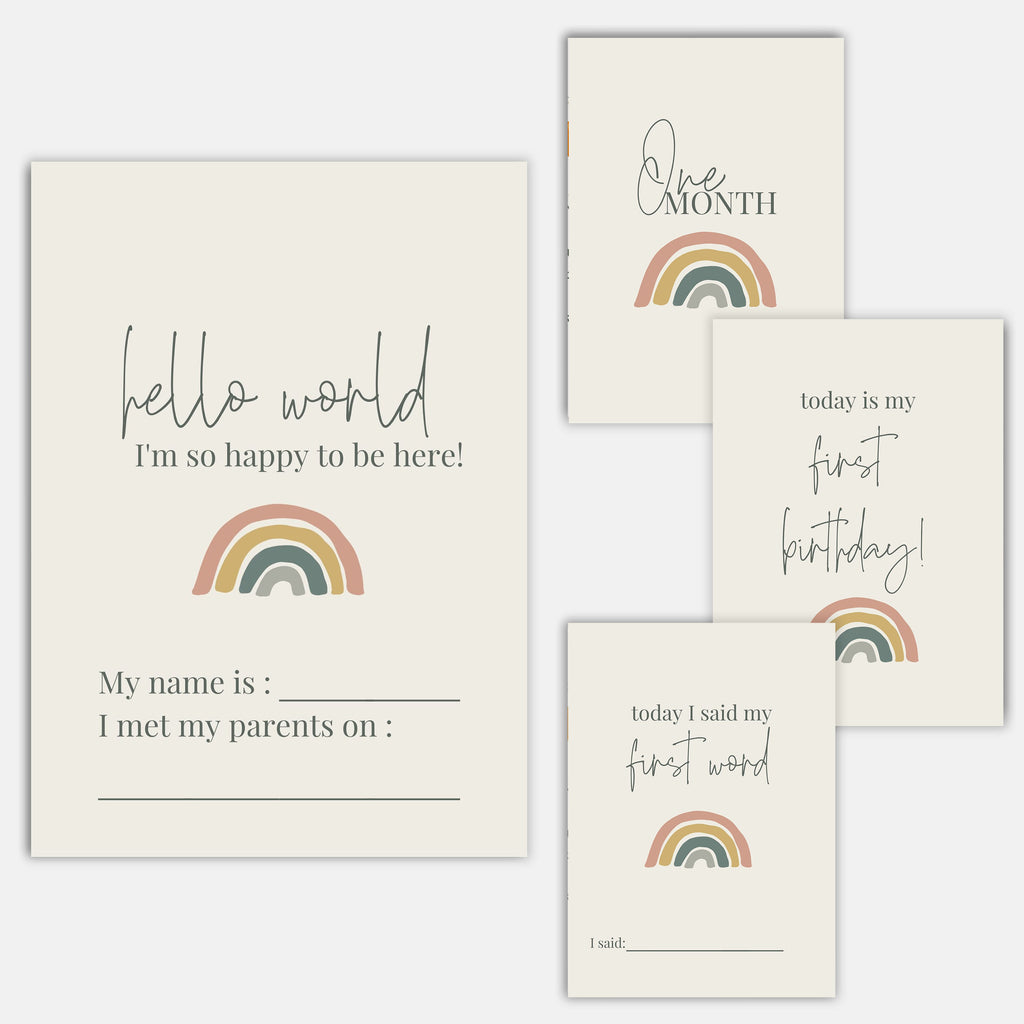 muted rainbow baby milestone cards. Hello world, I am so happy to be here with boho rainbow. One Week old card. Today is my first birthday card. Write milestone memories on the back of each 5x7 card. Newborn photography prop.