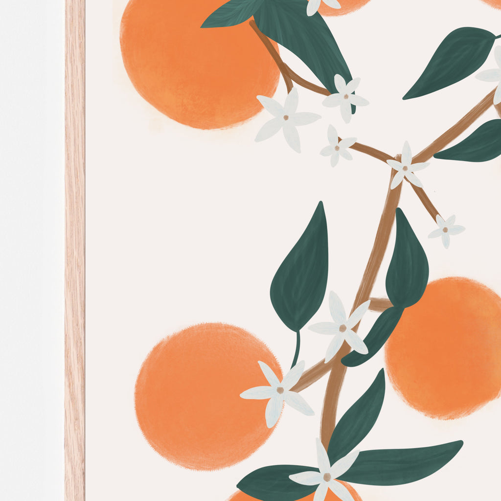 Oranges and blossoms with green leaves and a cream background; baby boy nursery, baby girl nursery, orange theme nursery, kids bedroom, playroom