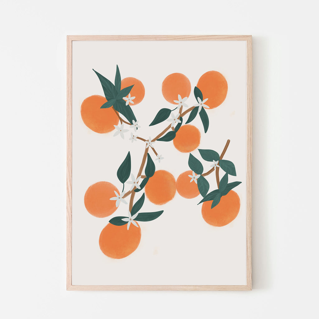 Oranges and blossoms with green leaves and a cream background; baby boy nursery, baby girl nursery, orange theme nursery, kids bedroom, playroom