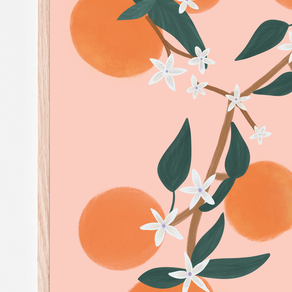 Oranges and blossoms with green leaves and a peach background; baby boy nursery, baby girl nursery, orange theme nursery, kids bedroom, playroom