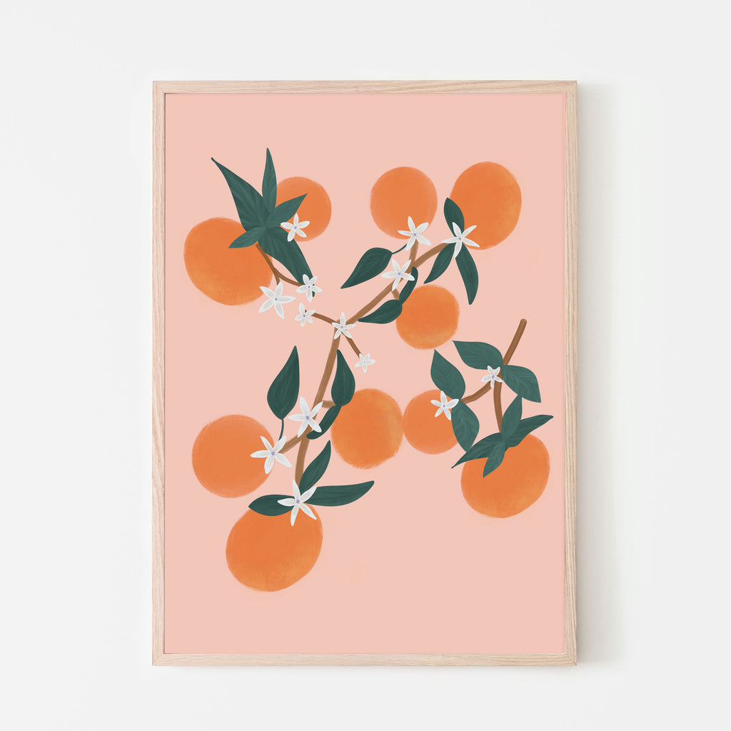 Oranges and blossoms with green leaves and a peach background; baby boy nursery, baby girl nursery, orange theme nursery, kids bedroom, playroom