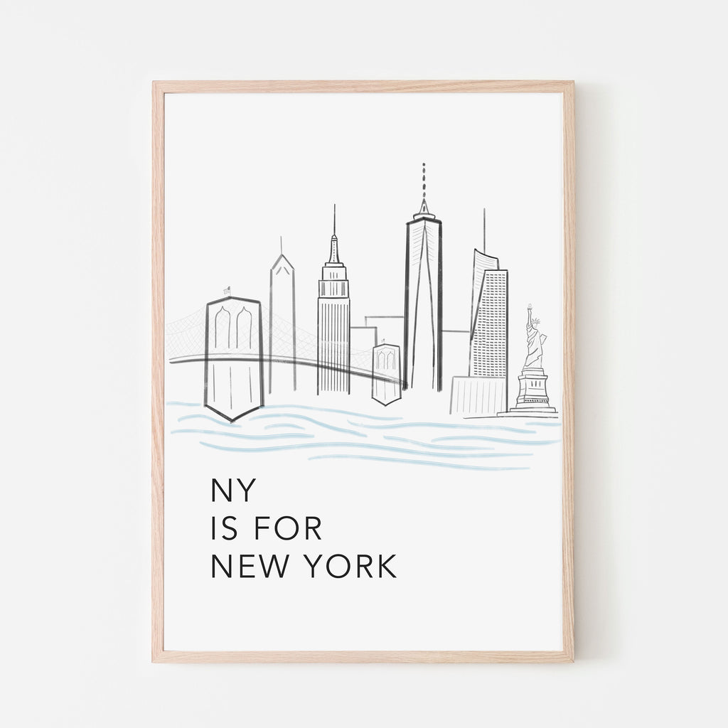 NY is for New York Art Print with the Brooklyn bridge, freedom tower, statue of liberty, empire state building and the hudson river.  Black and white