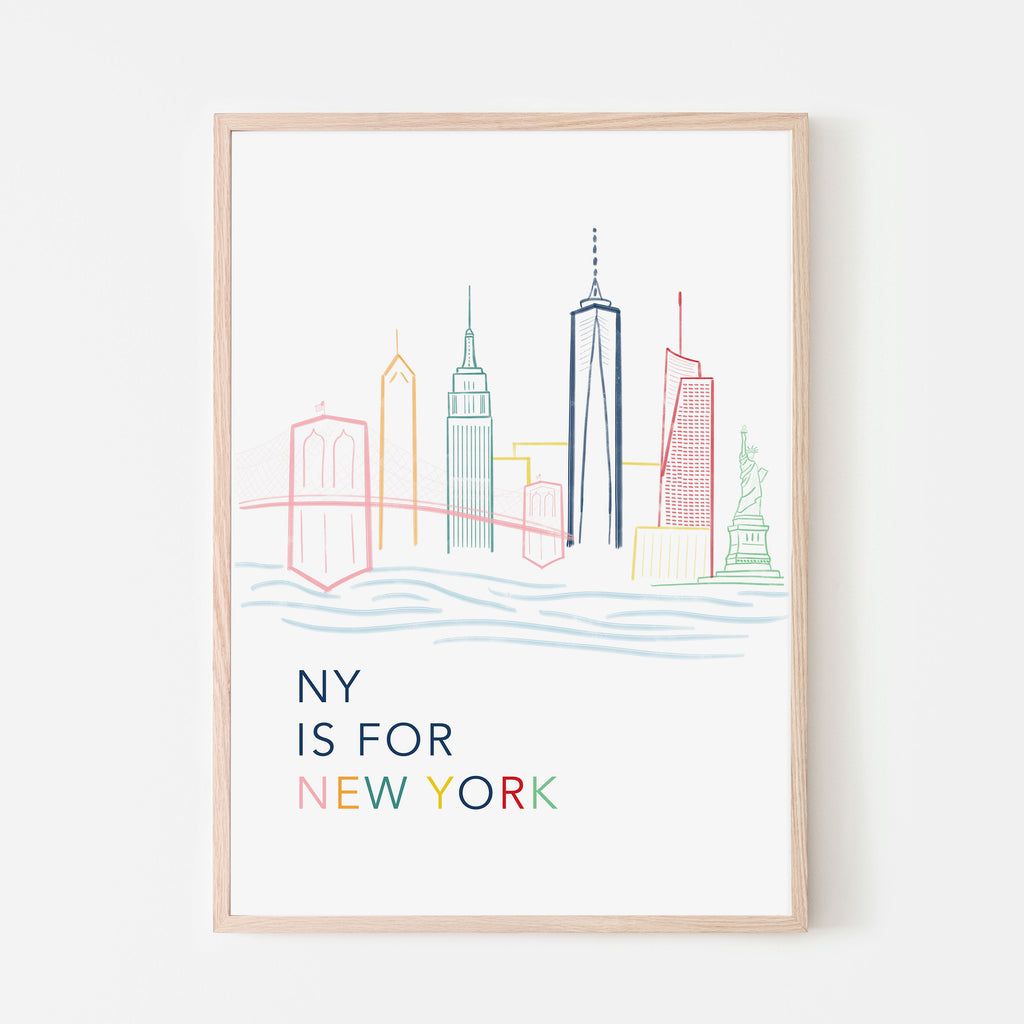 NY is for New York Art Print with the Brooklyn bridge, freedom tower, statue of liberty, empire state building and the hudson river. Rainbow pride