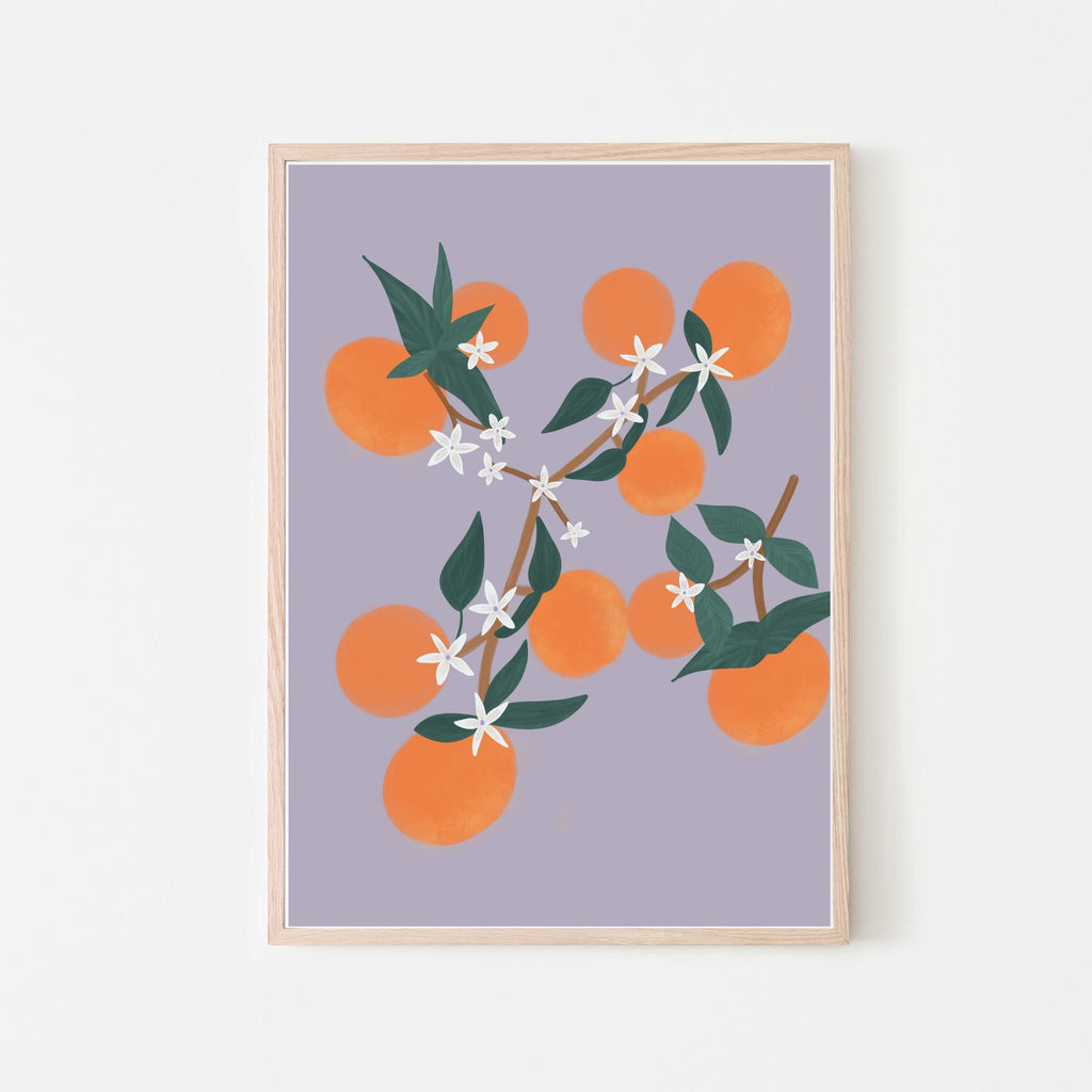 Oranges and blossoms with green leaves and purple background; baby girl nursery, girls bedroom, playroom