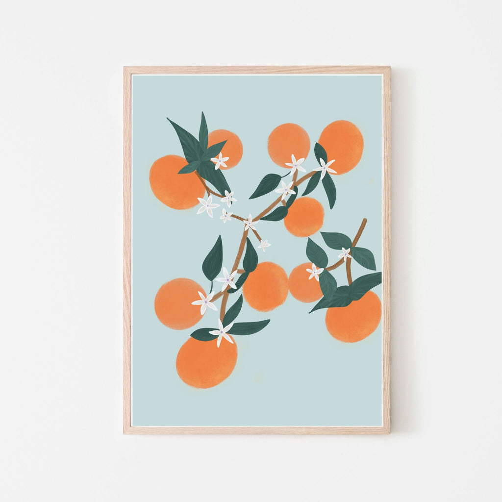 Orange blossoms and oranges with green leaves and a light blu ebackground; baby boy nursery, baby girl nursery, playroom, girl bedroom, boys bedroom