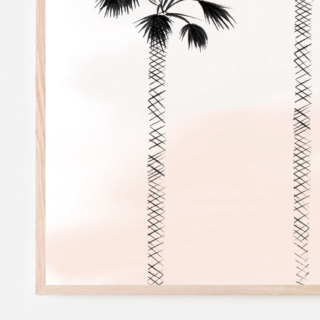 Two palm trees with muted sunset sky background. Surf theme baby nursery room, kids bedroom or palyroom wall art.