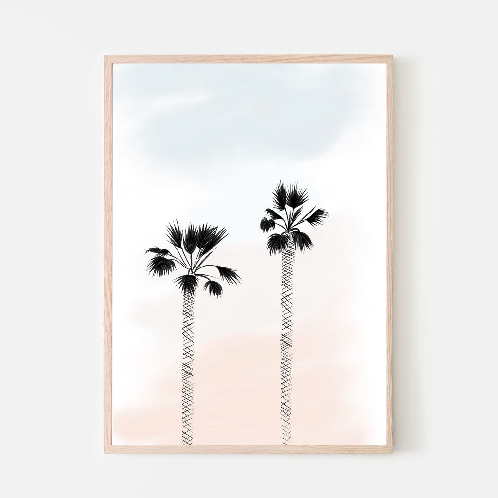 Two palm trees with muted sunset sky background. Surf theme baby nursery room, kids bedroom or palyroom wall art.