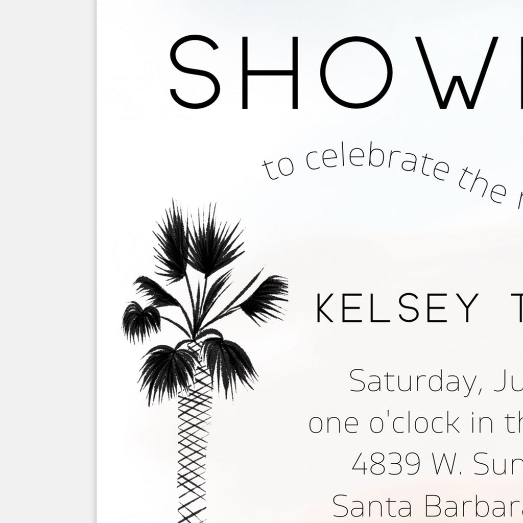 Palm tree sunset baby shower; sunset colored background with a palm tree and baby shower details. baby shower, new baby, mama to be