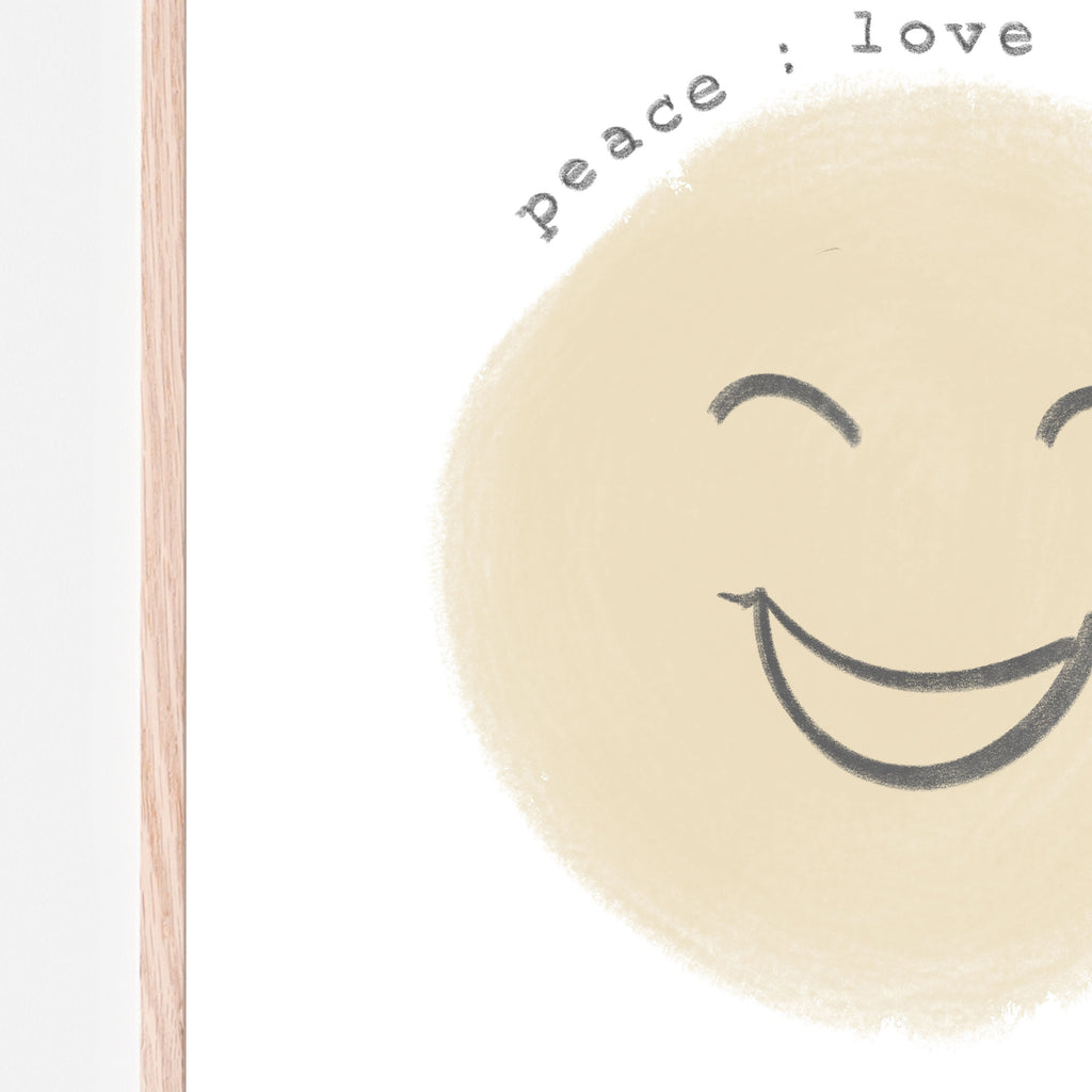 Yellow smiling face with the words peace love and happiness written above it with a white background