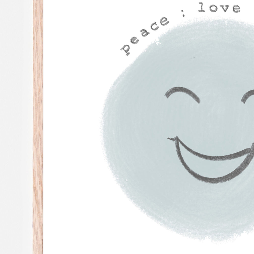 Blue smiling face with the words peace love and happiness above it with a white background