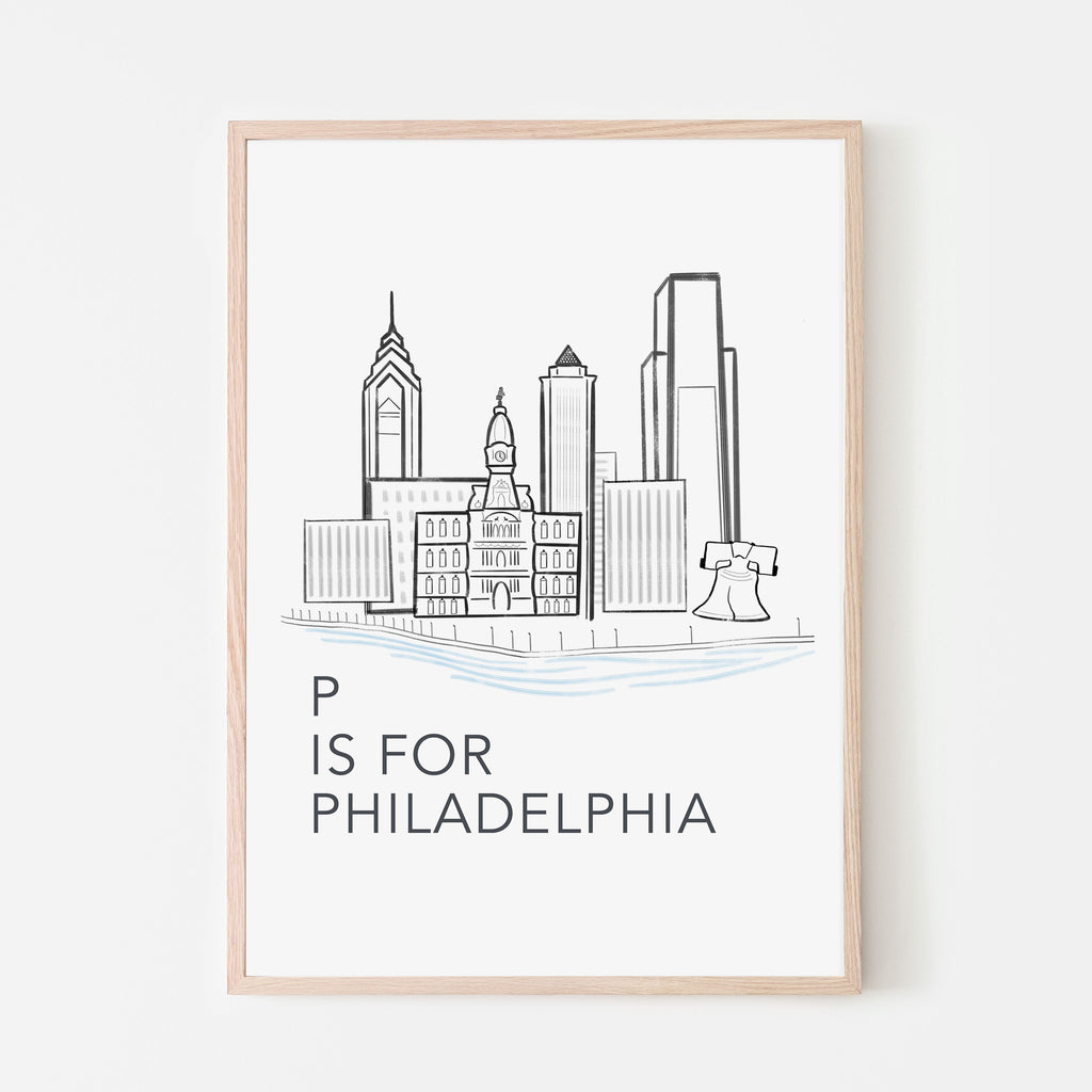 P is for Philadelphia art print. black and white. for baby nursery room, kids bedroom or playroom. liberty bell. philly skyline. philly baby