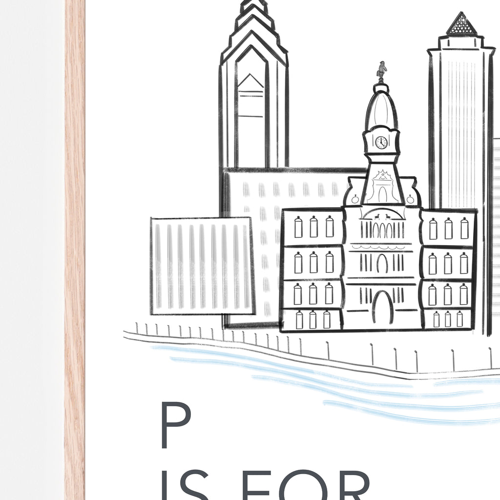 P is for Philadelphia art print. black and white. for baby nursery room, kids bedroom or playroom. liberty bell. philly skyline. philly baby
