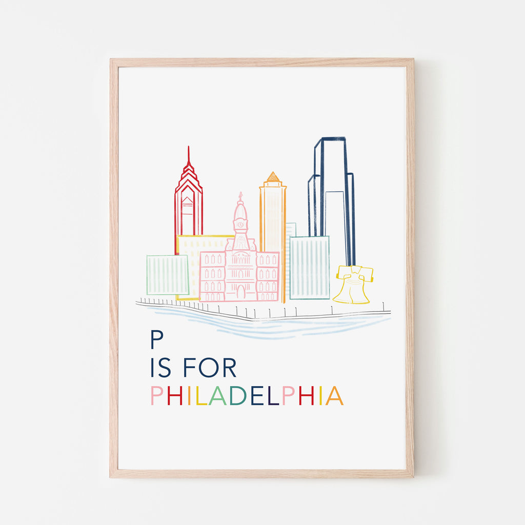 P is for Philadelphia art print. rainbow pride. for baby nursery room, kids bedroom or playroom. liberty bell. philly skyline. philly baby