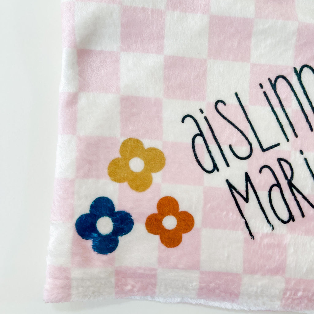Pink and Cream checkered personalized baby minky blanket with retro flowers