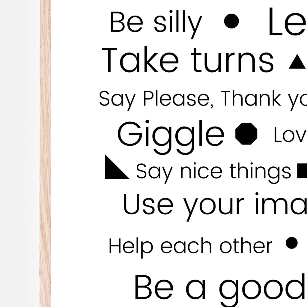 Playroom rules art print. be silly. learn. take turns. be kind. say please and thank you. giggle. love each other. be a good friend. try new things