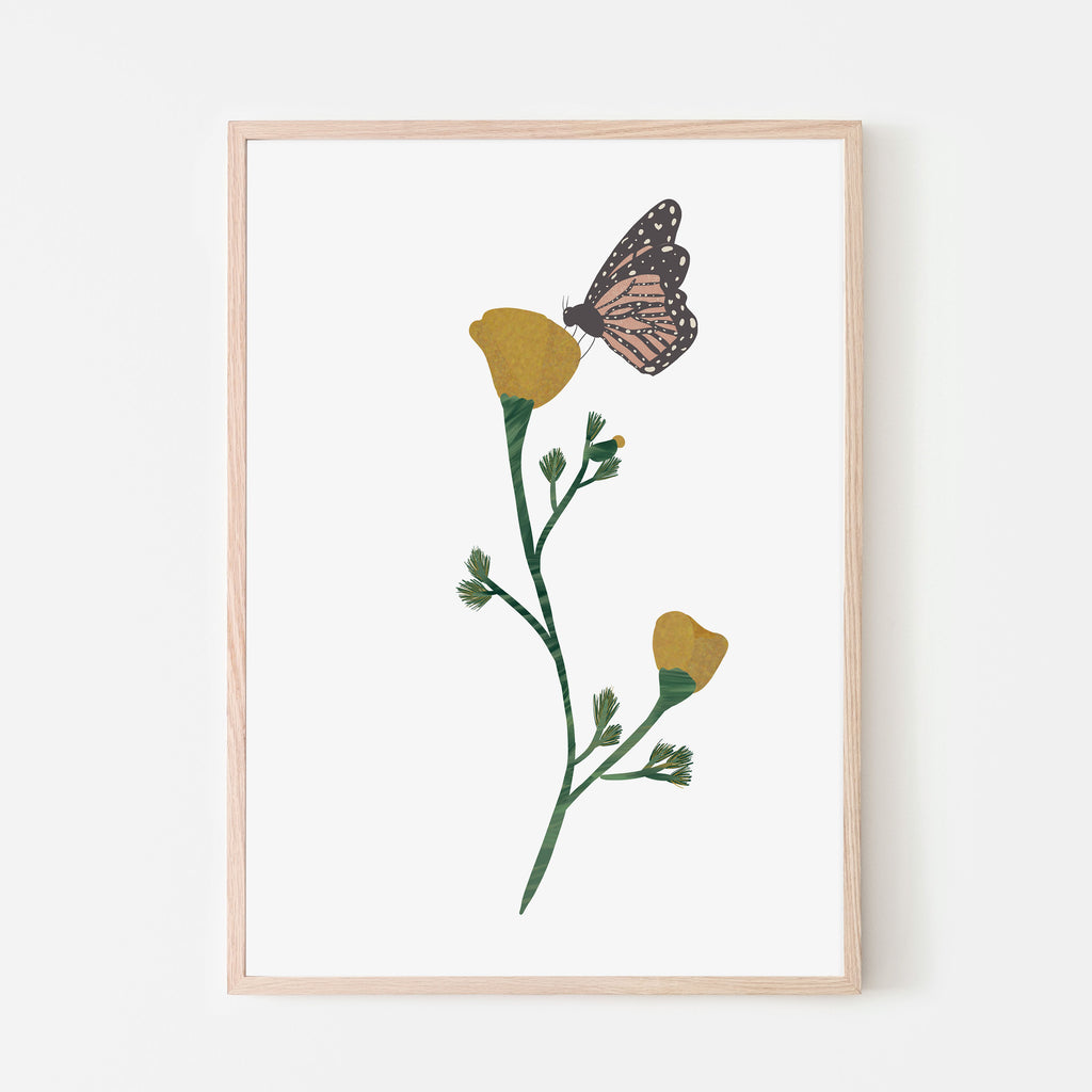 An art print that is a hand-drawn illustration of an orange California poppy flower and Monarch butterfly with subtle details. This print is designed to go in a baby room, nursery, kids bedroom, playroom, classroom, or daycare center. Gift idea.