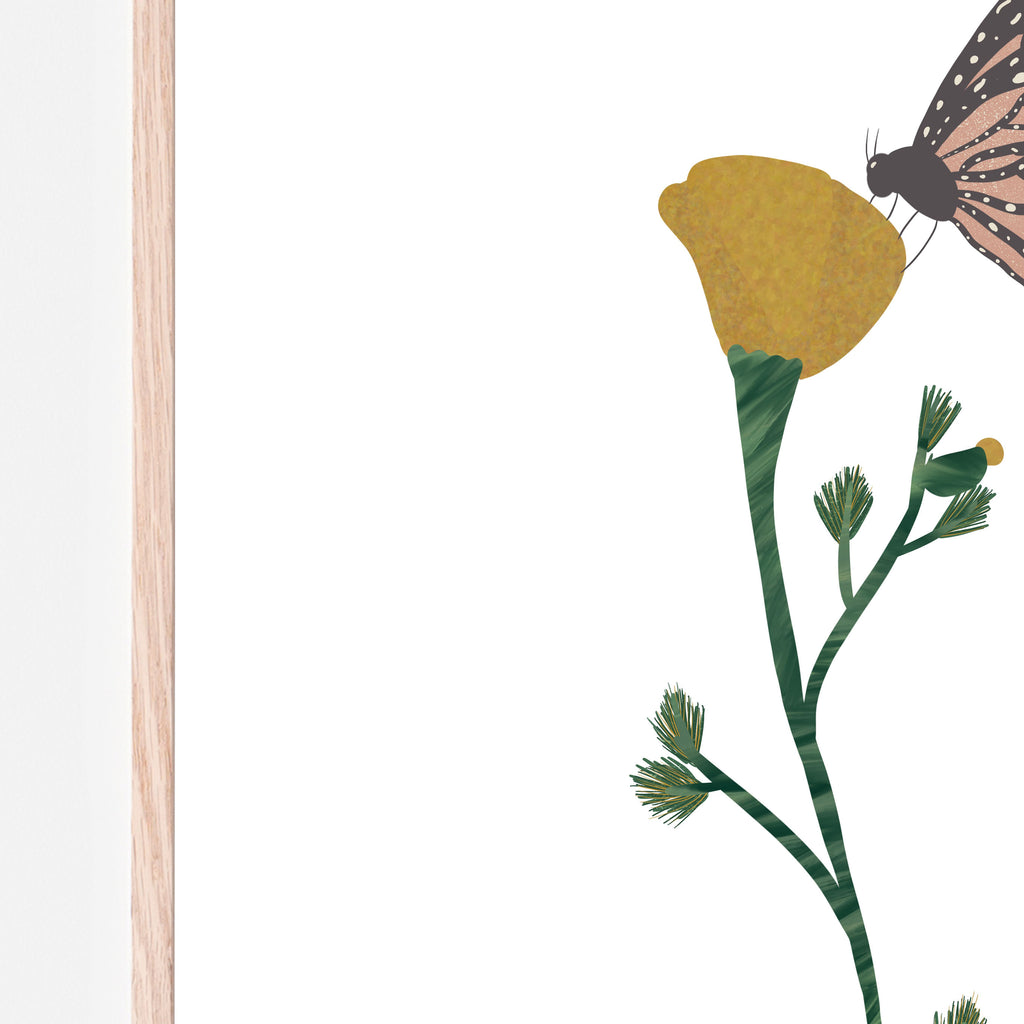 Close up image of An art print that is a hand-drawn illustration of an orange California poppy flower and Monarch butterfly with subtle details. This print is designed to go in a baby room, nursery, kids bedroom, playroom, classroom, or daycare center. Gift idea.