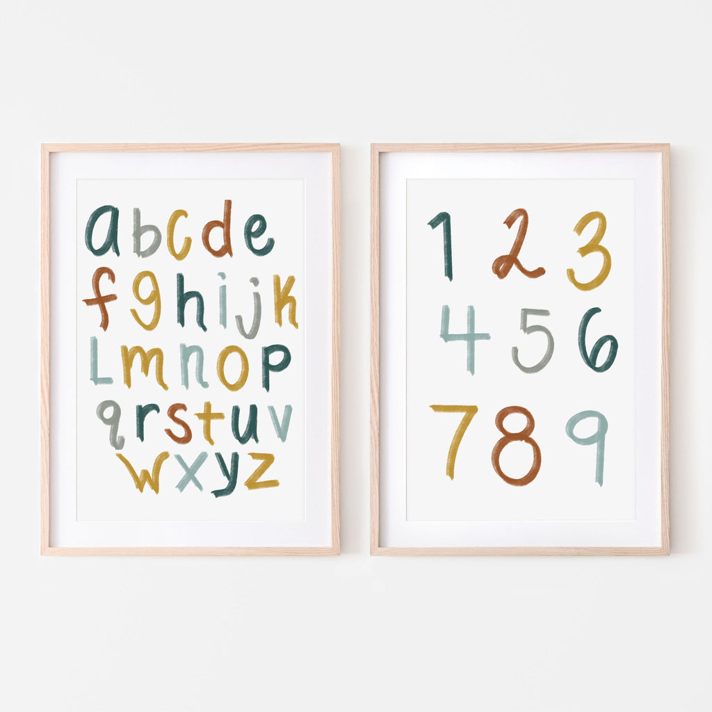 Retro boys alphabet and numbers art print set of 2 for baby nursery room, kids bedroom and playroom wall decor
