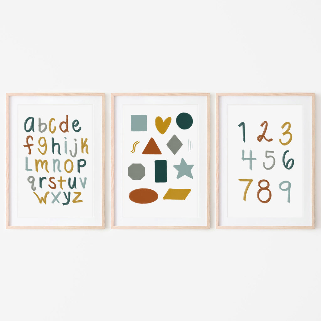 Set of 3 art prints in retro boys color palette. Alphabet, numbers and shapes art prints for child's playroom 