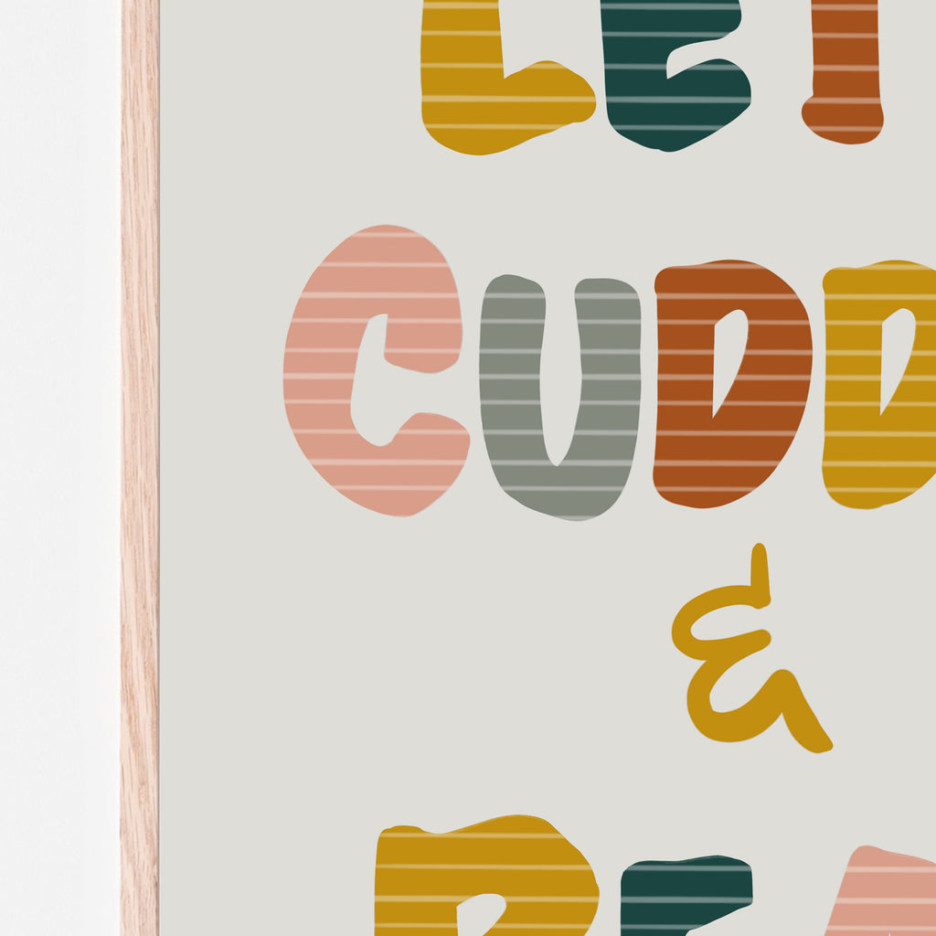 Lets cuddle and read art print in retro girls color palette and soft grey background.  Tyopgraphy letters include white horizontal stripes