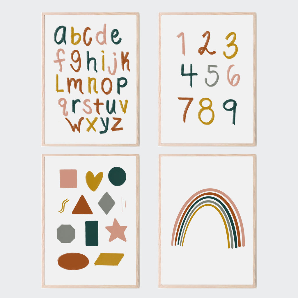 retro girls alphabet, numbers, shapes and rainbow art prints (set of 4) for baby girl nursery room, kids bedroom or playroom