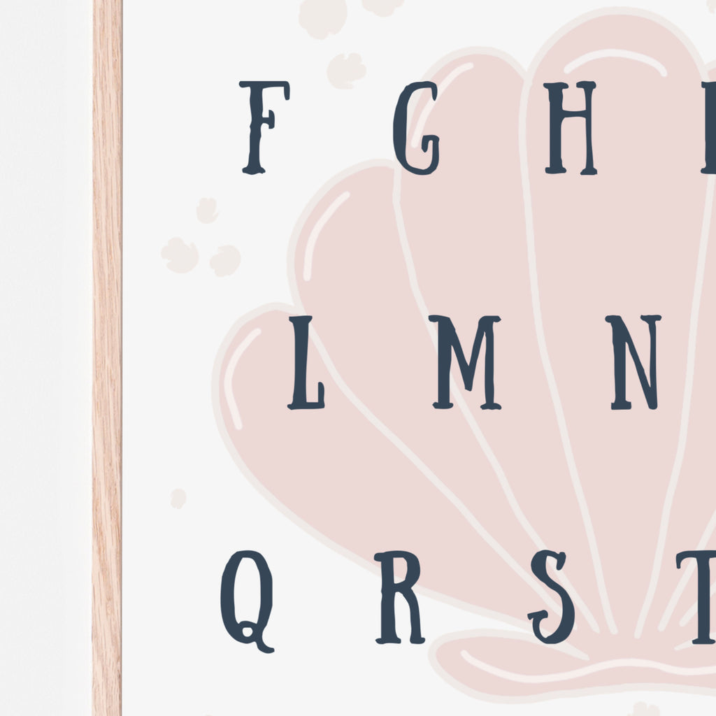 Set of 2 art prints. Seashell alphabet poster with one pink seashell and bubbles and multiple seashells and starfish and coral with bubbles for baby girl nursery room, bedroom or playroom